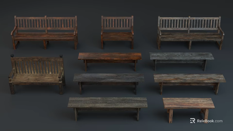 Various Wooden Benches With Different Designs And Natural Wood Finishes 3d model 