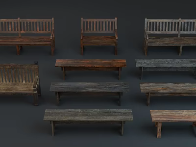 Various Wooden Benches With Different Designs And Natural Wood Finishes 3d model