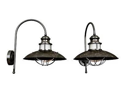 Vintage Industrial Style Wall Lamps With Curved Arm Black Shade And Wire Cage Design 3d model