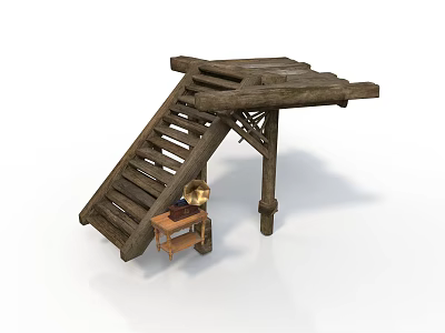 Wooden Architectural Pavilion With Staircase And Gramophone On Small Table 3d model
