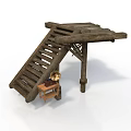 Wooden Architectural Pavilion With Staircase And Gramophone On Small Table