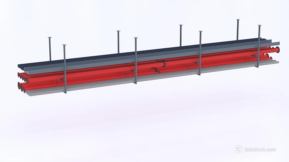 Red Industrial Pipe System With Metal Support Structures And Gray Framework 3d model