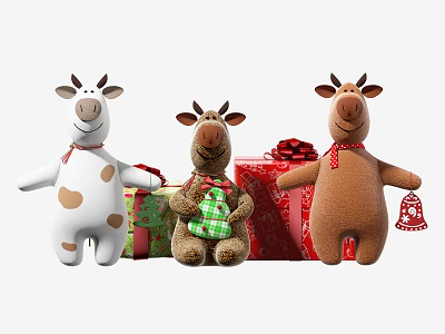Adorable Reindeer Dolls Decorated With Scarves Bells And Christmas Gift Boxes 3d model