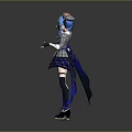 Blue Haired Character In Plaid Outfit With Bow Holding Small Animal Toy Against Gray Backdrop