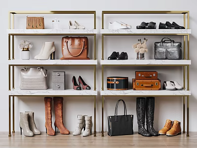 Various Stylish Bags And Vintage Suitcases Displayed On Gold Metal Shelves With Decorative Accents 3d model