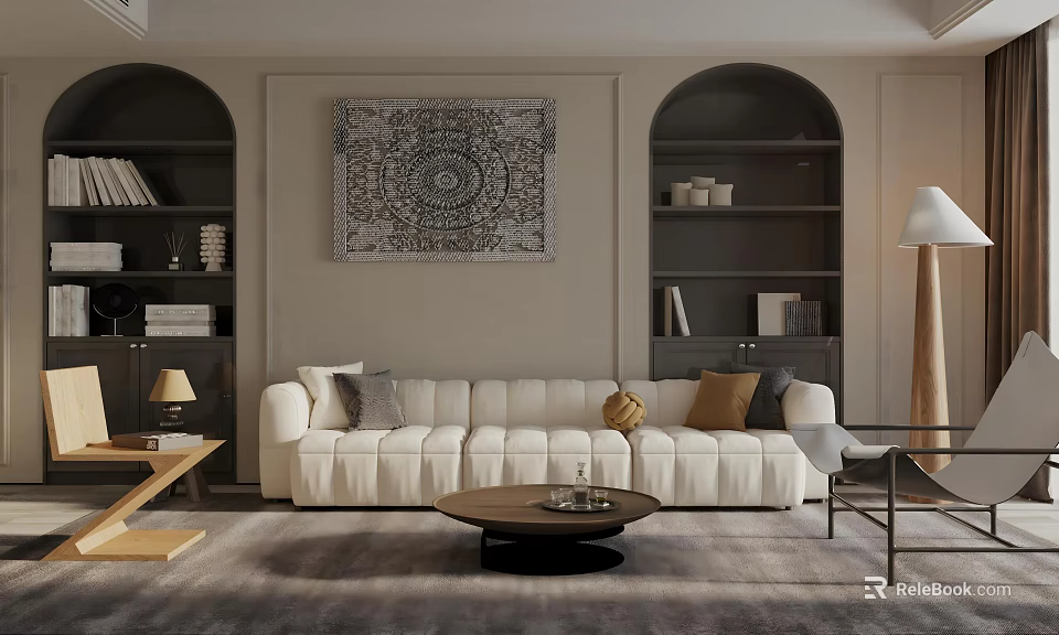 Cozy Neutral Toned Living Room With White Velvet Sofa And Built In Arched Storage Shelves 3d model 