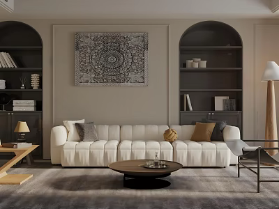 Cozy Neutral Toned Living Room With White Velvet Sofa And Built In Arched Storage Shelves 3d model