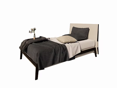 Minimalist Single Bed with Upholstered Headboard Gray Blanket White Sheets and Decorative Pillows 3d model