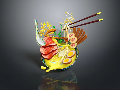 Appetizing Ramen Bowl With Chashu Soft Boiled Egg Bean Sprouts And Chopsticks 3d model