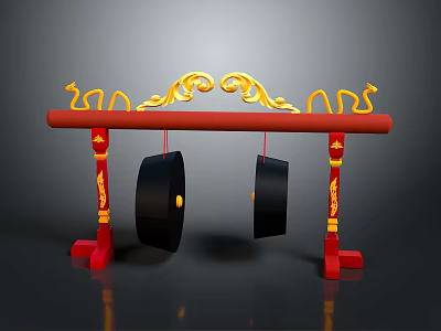 Traditional Chinese Household Decorative Stand With Red Frame Golden Carvings And Black Gongs 3d model