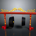 Traditional Chinese Household Decorative Stand With Red Frame Golden Carvings And Black Gongs