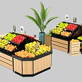 Wooden Fruit Display Shelves With Fresh Bananas Apples Oranges And Grapes In Market