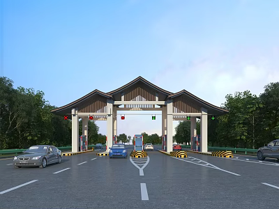 Chinese Style Roof Toll Gate With Vehicles On Road And Green Trees Around 3d model