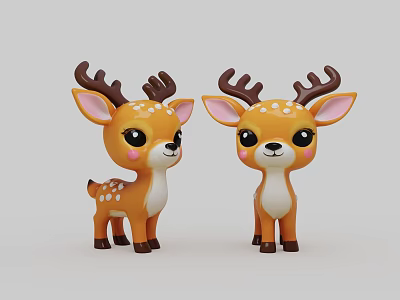 Cute Cartoon Style Deer Fawn Decorative Ornament Set with Brown Antlers Pink Ears White Spots 3d model