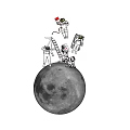 Multiple Astronauts on Detailed Moon Model with Starry Space Background