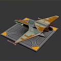 Futuristic Spaceship Model With Blue Orange Accents On Gray Geometric Texture Platform