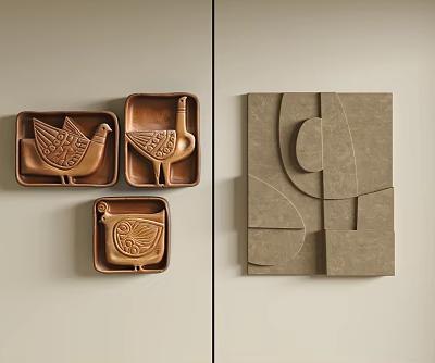 Copper Bird Design Plates and Large Geometric Wall Decor on Beige Wall 3d model