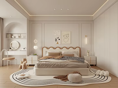 Elegant Modern Bedroom Interior With Beige Headboard Area Rug And Wall Art Decor 3d model