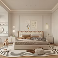 Elegant Modern Bedroom Interior With Beige Headboard Area Rug And Wall Art Decor
