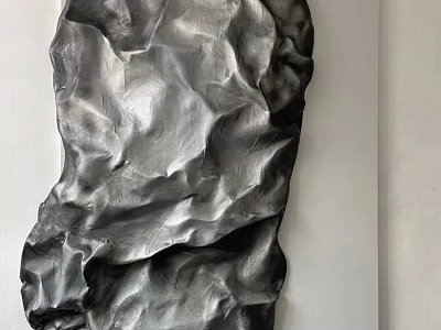 Silver Textured Wall Decor With Irregular Crinkled Design Hanging On White Wall 3d model