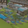 Modern Hotel Building with Hot Spring Pools Lush Greenery and Water Features in Natural Surroundings