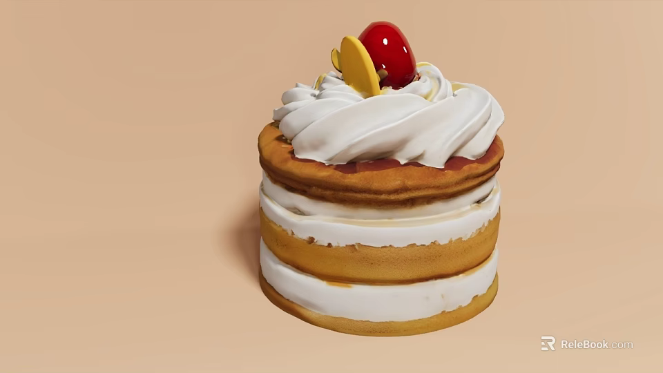Layered Stacked Pancakes Topped with Whipped Cream Cherry and Lemon Slice 3d model 