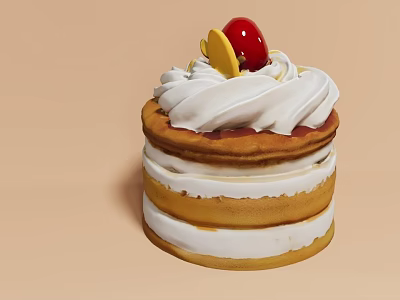Layered Stacked Pancakes Topped with Whipped Cream Cherry and Lemon Slice 3d model