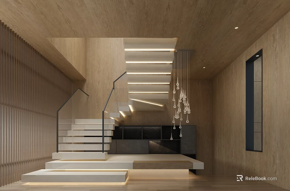 Modern Interior Space With Wooden Walls Staircase Glass Railing And Chandelier 3d model 