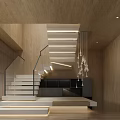 Modern Interior Space With Wooden Walls Staircase Glass Railing And Chandelier
