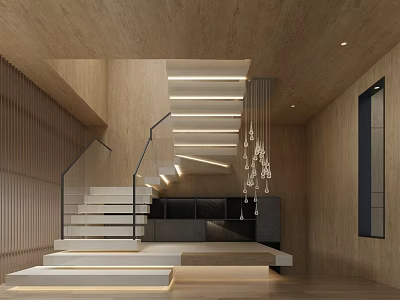 Modern Interior Space With Wooden Walls Staircase Glass Railing And Chandelier 3d model