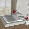 Modern Double Bed With White Linen Wooden Floor Window Blinds And Red Flowers