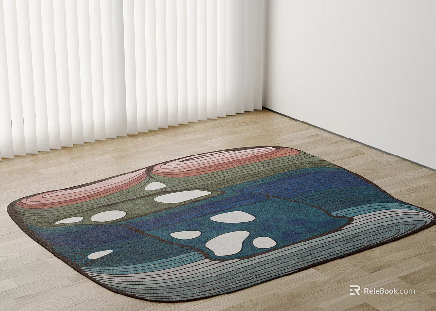 Square Area Rug With Colorful Abstract Patterns On Wooden Floor 3d model 