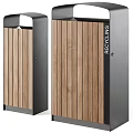 Public Trash Bins With Wooden Panels And Grey Metal Compartments For Bags