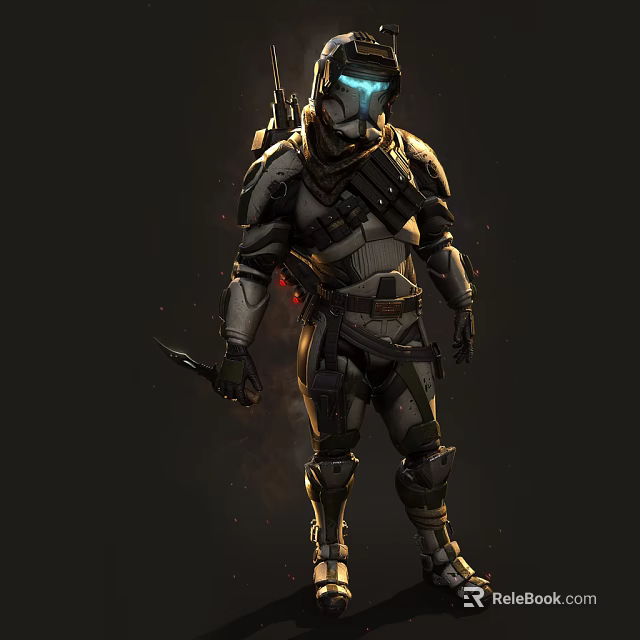 Game Movie Character In Futuristic Sci Fi Armor With Glowing Blue Helmet And Weapon 3d model 