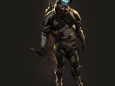 Game Movie Character In Futuristic Sci Fi Armor With Glowing Blue Helmet And Weapon 3d model