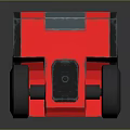 Red And Black Box Shaped Robot With Wheels And Blue Mechanical Accents