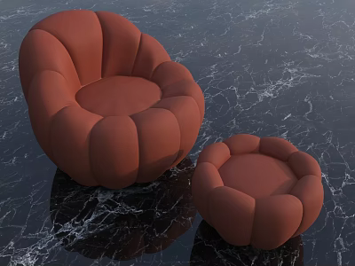 Stylish Orange Leather Armchair With Matching Ottoman On Black Marble Floor 3d model