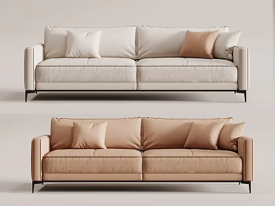 Modern Two Seater Sofa in Beige and Brown with Throw Pillows and Metal Legs 3d model