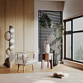 Natural Modern Interior Decorative Ornament Combination With Wooden Wall Large Window And Green Plants