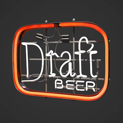 Neon Draft Beer Sign With Orange Border And White Neon Lettering Illuminated Design 3d model