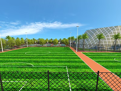 WellMaintained Soccer Field With Green Grass White Lines Palm Trees Light Poles And Red Track 3d model