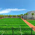 WellMaintained Soccer Field With Green Grass White Lines Palm Trees Light Poles And Red Track