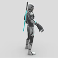 Futuristic Game Movie Character in Black Silver Armor with Blue Accents and Sword