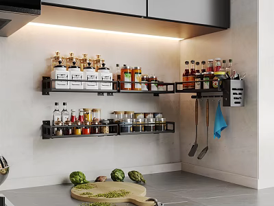 Modern Kitchen Interior With Wall Cabinets Holding Spice Bottles And Kitchen Utensils 3d model