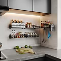 Modern Kitchen Interior With Wall Cabinets Holding Spice Bottles And Kitchen Utensils