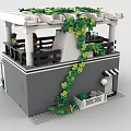 Two Story Brick Building Model With Black White Striped Awning Front Plants And Balcony Figures