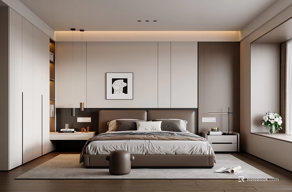 Modern Bedroom Interior Design With Brown Bed Gray White Bedding Bedside Tables And Framed Artwork 3d model 