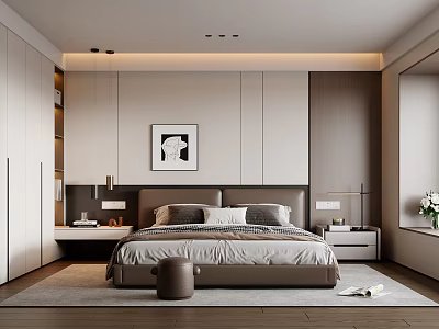 Modern Bedroom Interior Design With Brown Bed Gray White Bedding Bedside Tables And Framed Artwork 3d model