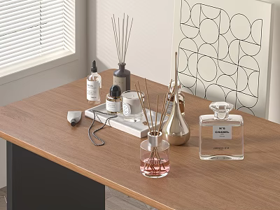 Perfume Cosmetics Display on Wooden Table with Fragrance Diffusers Candles Bottles Window Blinds and Geometric Art 3d model