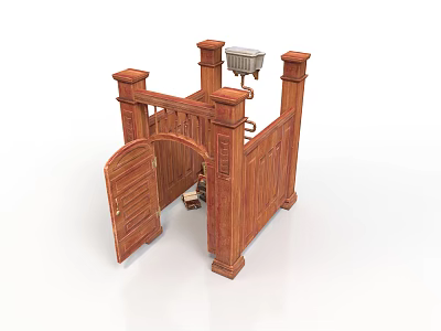 Wooden Architectural Gateway Structure With Arched Design Open Door And Top Lamp 3d model